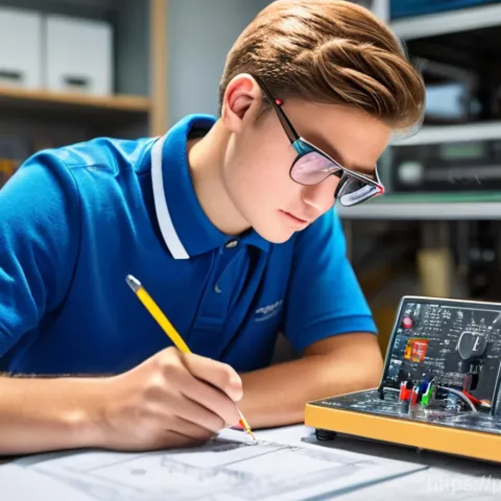 전자기술사 실기시험의 합격률을 높이는 법 - **Prompt: "A focused young adult electrotechnical student, wearing a neat polo shirt and safety glas...