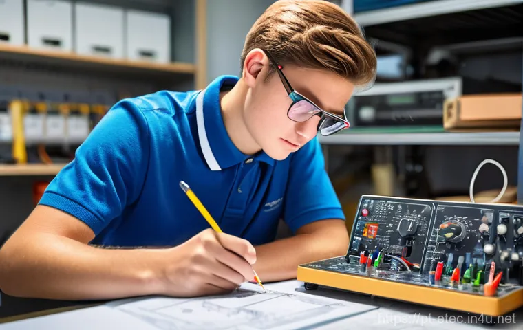 전자기술사 실기시험의 합격률을 높이는 법 - **Prompt: "A focused young adult electrotechnical student, wearing a neat polo shirt and safety glas...