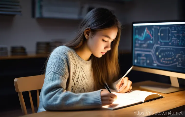 전자기술사 실기 대비 자료 공유 - **Prompt:** A focused young adult, possibly a woman in her early twenties, is intently studying elec...