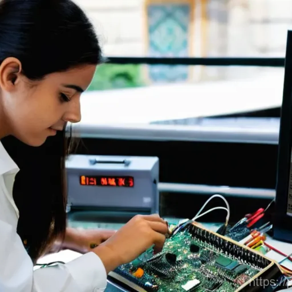 전자기술사로서 창업 성공 사례 - **Prompt:** "A Portuguese electronics engineer, a woman in her late 20s with a focused expression, m...