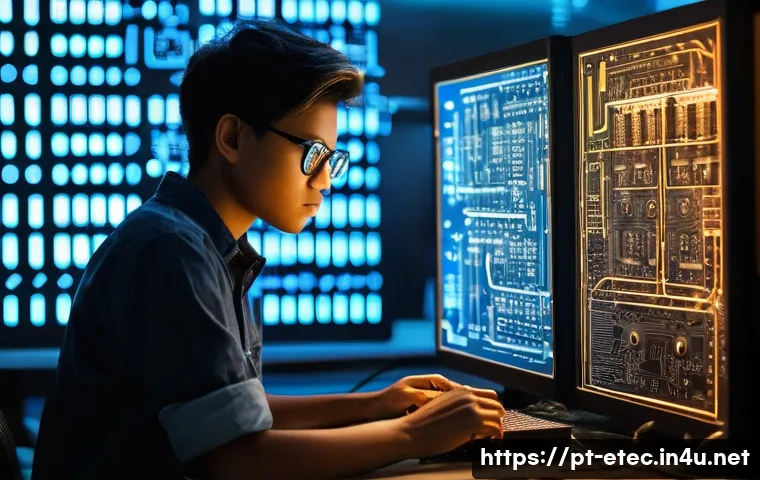 전자기술사와 회로 이론 심화 학습 - **Prompt:** A young, diverse electronic engineer, male or female, sits intensely focused at a well-l...