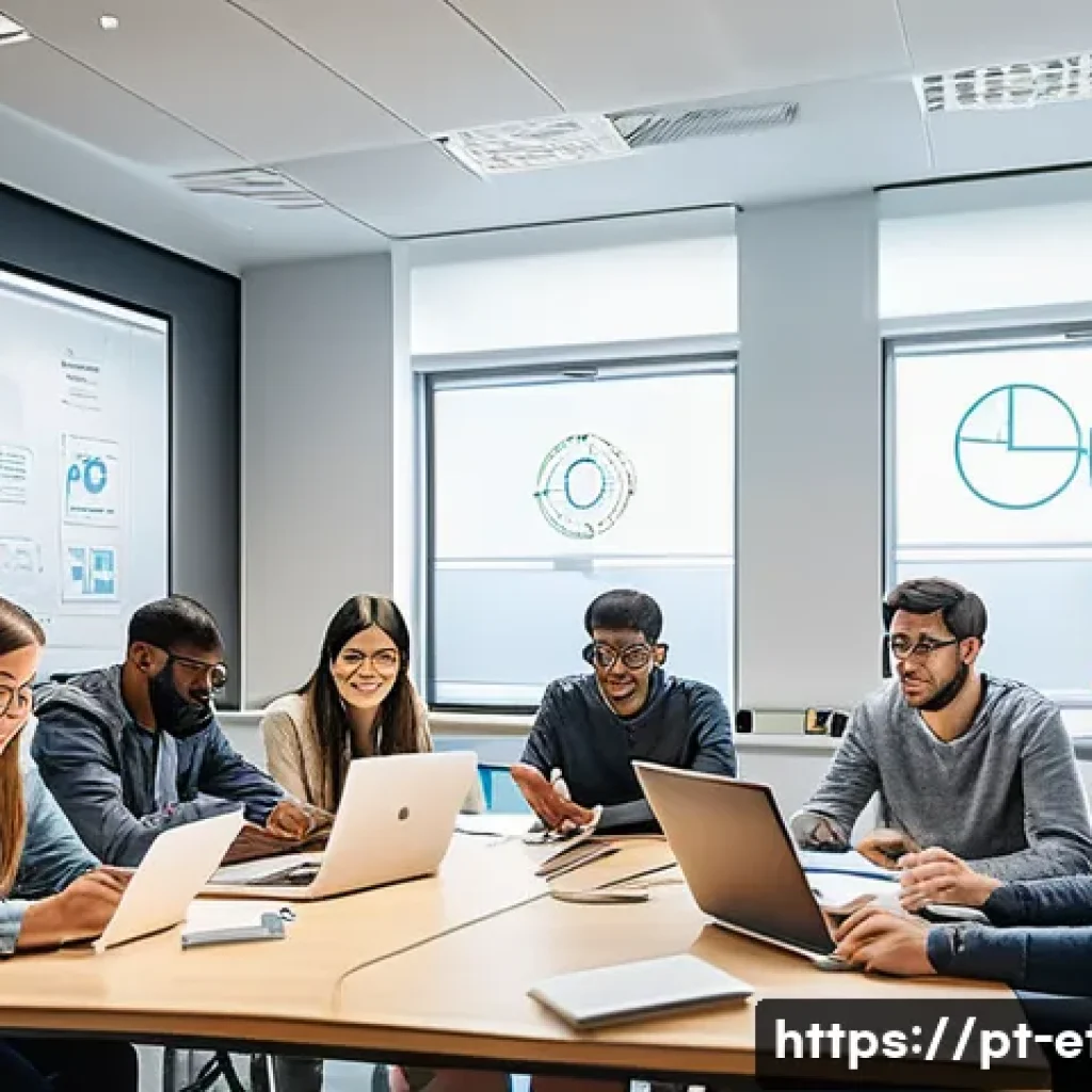 전자기술사 스터디 그룹 운영 방법 - A diverse group of young adults in a bright, modern study room, actively engaged in a collaborative ...