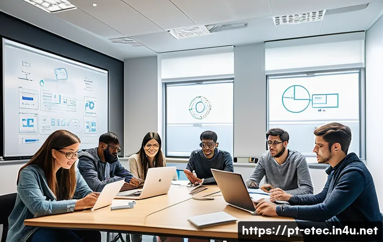 전자기술사 스터디 그룹 운영 방법 - A diverse group of young adults in a bright, modern study room, actively engaged in a collaborative ...