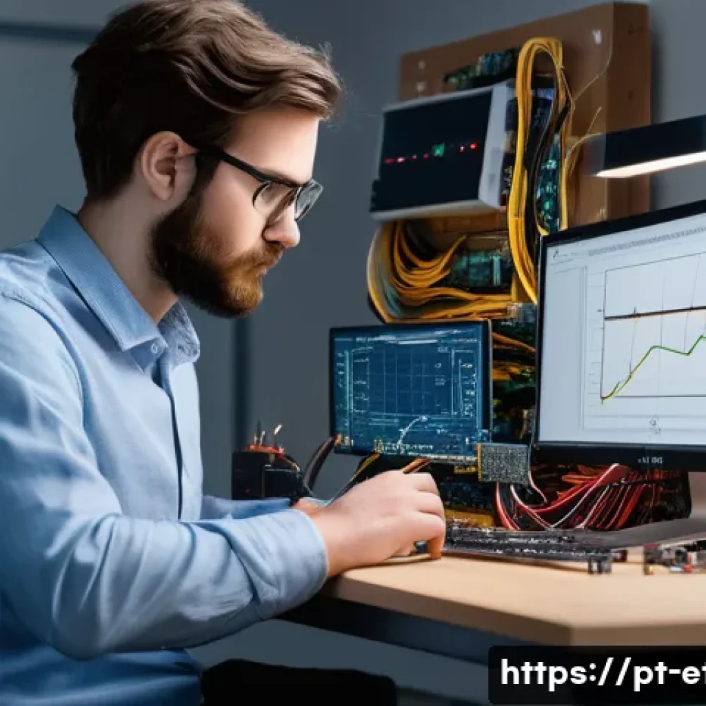 전자기술사와 직무 적응 경험 공유 - A modern electronics engineering workspace featuring a young professional wearing casual business at...