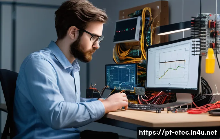 전자기술사와 직무 적응 경험 공유 - A modern electronics engineering workspace featuring a young professional wearing casual business at...