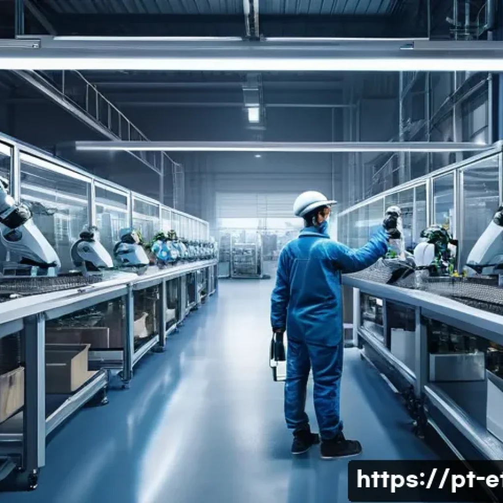 전자기술사와 최신 기술 발전 방향 - A futuristic industrial factory interior showcasing intelligent automation in action: collaborative ...