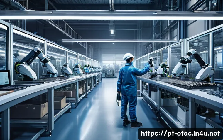 전자기술사와 최신 기술 발전 방향 - A futuristic industrial factory interior showcasing intelligent automation in action: collaborative ...