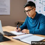 전자기술사와 관련된 모의 시험 활용법 - A focused young adult student sitting at a modern study desk in a cozy, well-lit room, surrounded by...