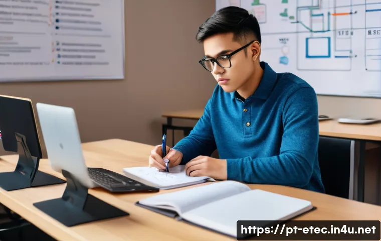 전자기술사와 관련된 모의 시험 활용법 - A focused young adult student sitting at a modern study desk in a cozy, well-lit room, surrounded by...