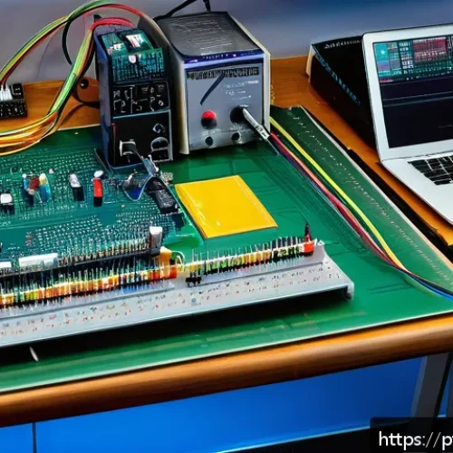 전자기술사와 기술적 사고력 키우는 방법 - A detailed close-up of an electronics engineer&rsquo;s workspace in a modern Brazilian lab, featuring a va...
