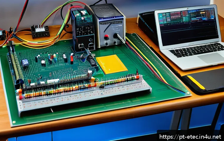 전자기술사와 기술적 사고력 키우는 방법 - A detailed close-up of an electronics engineer’s workspace in a modern Brazilian lab, featuring a va...